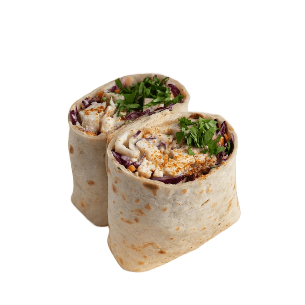 Harvest Veggie Wrap with roasted vegetables and herb hummus