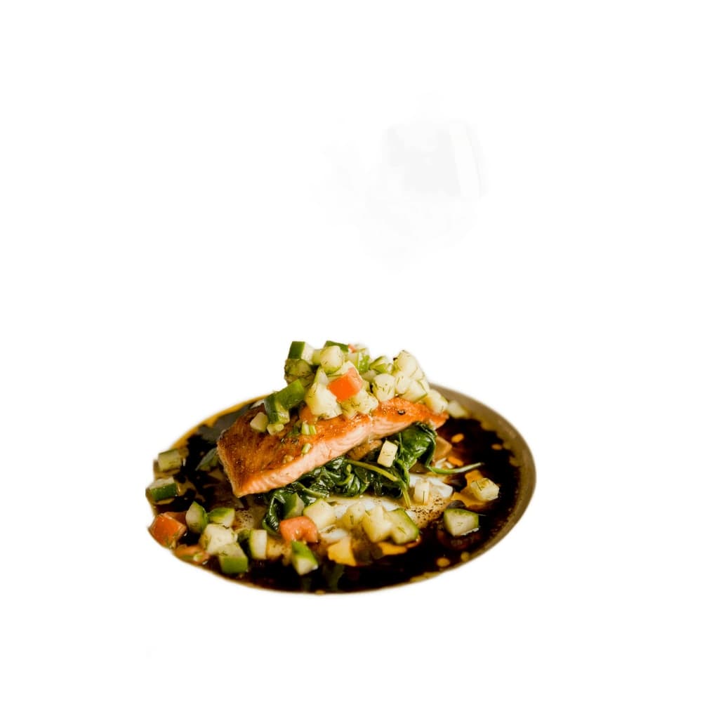 Lemon Herb Salmon Plate with rice and sautéed greens